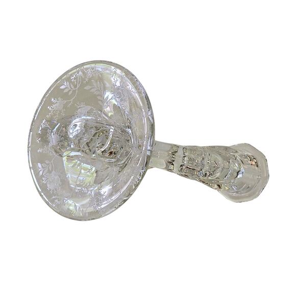 4x8" Fostoria Chintz Etched Blown Glass Double Candle Holder, Mint Condition - Picture 6 of 10